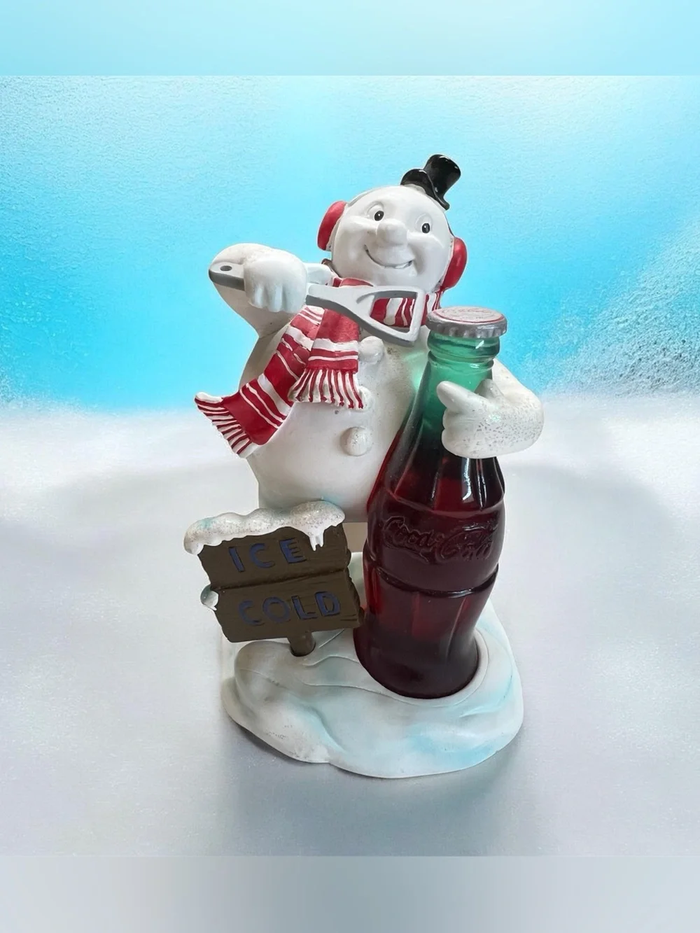 Coca-Cola Ice Cold Snowman Figurine with Coke Bottle Soda Advertising Decor 6”